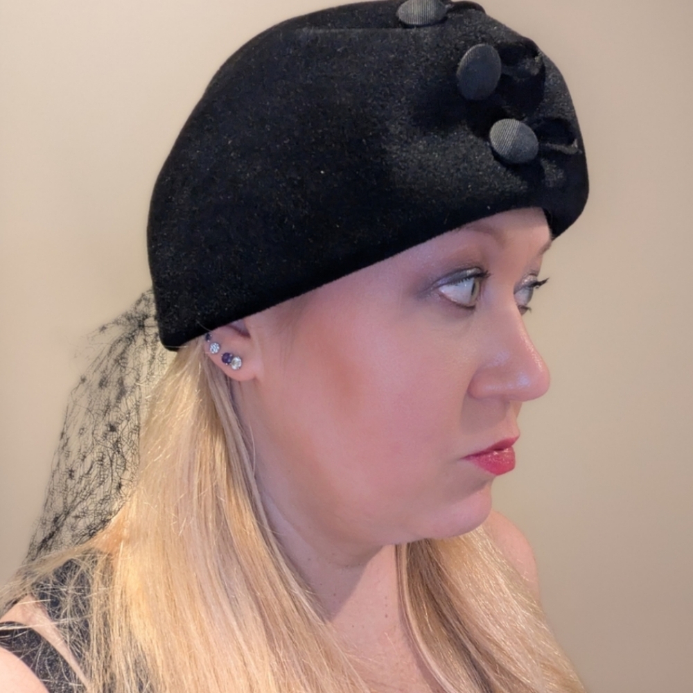 Vintage Black Hat With Buttons and Netting